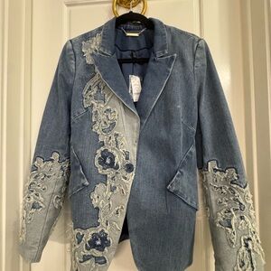 White House Black Market Blue Embroidered Jean Jacket